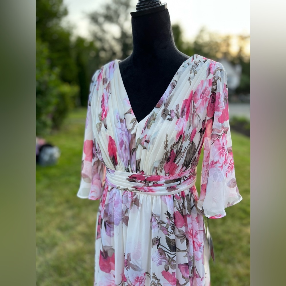 Adrianna papell flutter sleeve chiffon maxi dress floral evening gown - Picture 4 of 14